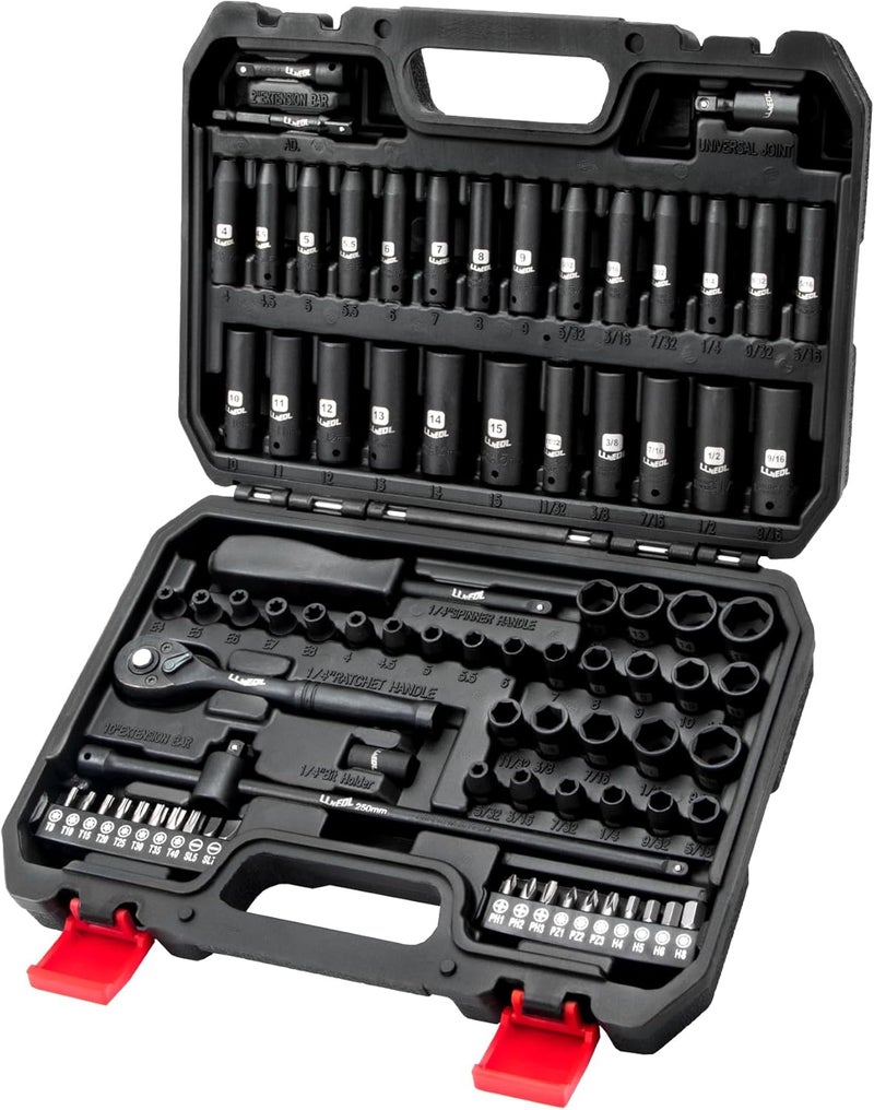 LLNEDL 1/4 Inch Drive Impact Socket Set, 83Pcs Socket Wrench Set Metric & SAE from 4-15mm, 5/32-9/16", 6 Point CR-V Deep & Shallow Sockets Kit with 72T Ratchet Handle, E Torx, for Automotive & Home - Image 1